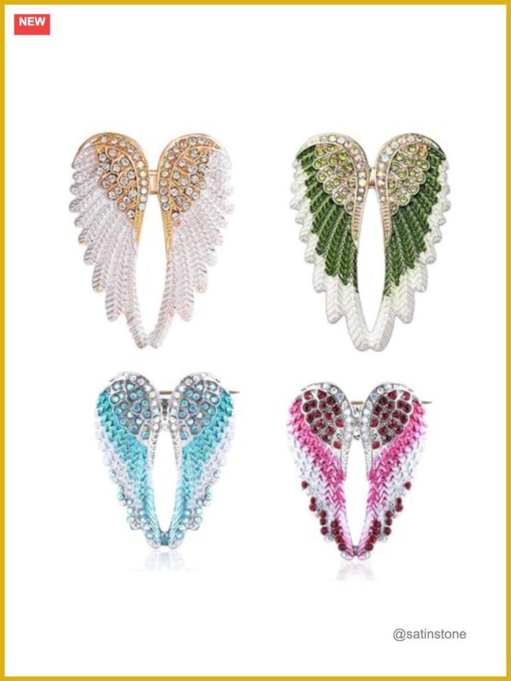 Crystal Angel Wing Brooch Pin Rhinestone Enamel Gold Tone Jewelry Gift